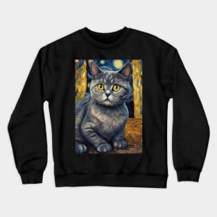 British Shorthair Cat Breed Portrait Painting in a Van Gogh Starry Night Art Style Crewneck Sweatshirt